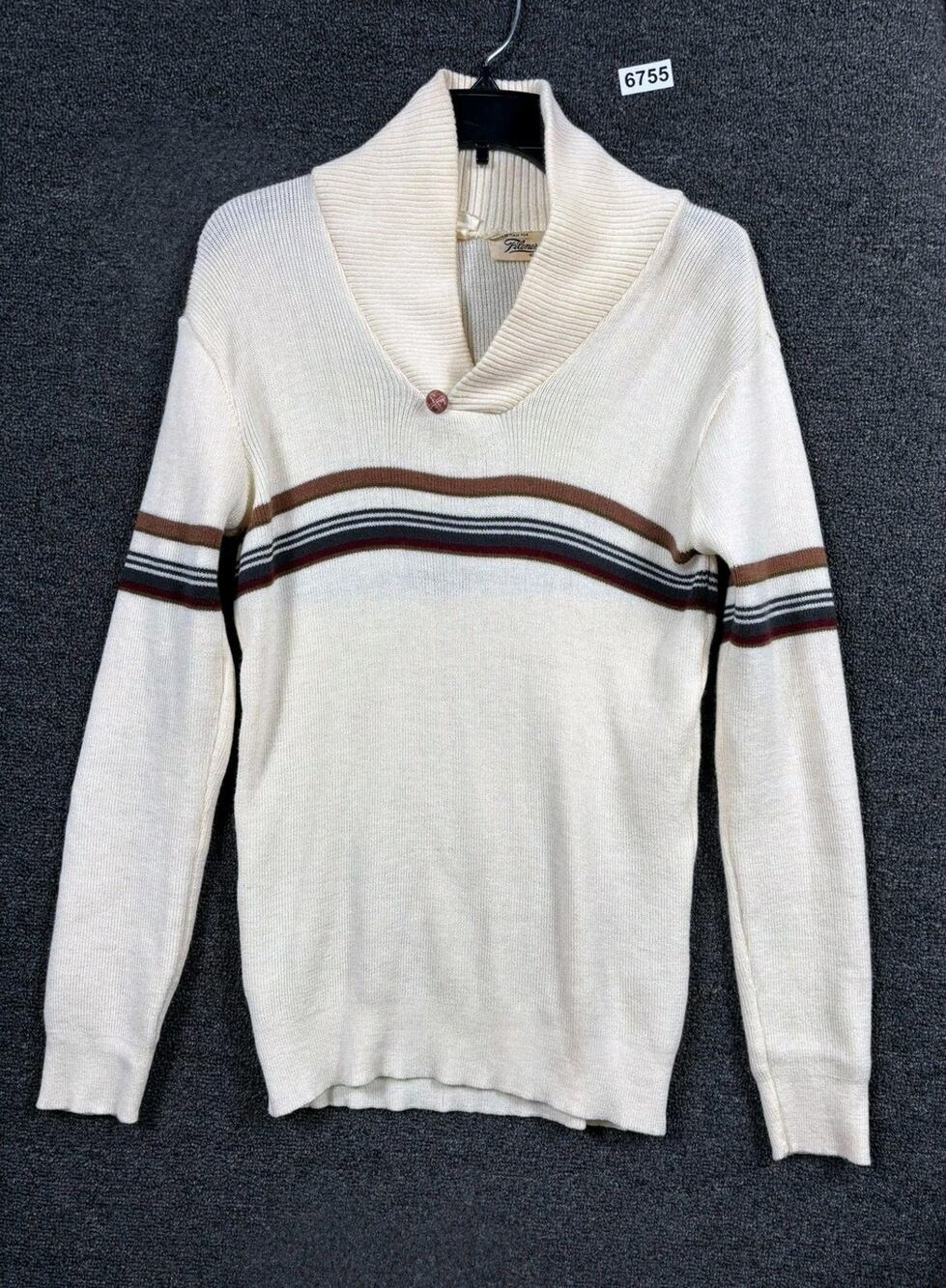 Vintage Filenes Sweater Mens Large Cream Shawl Collar Stripe Knit Made Italy 80s
